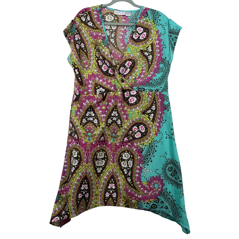 Lola P Size Large Dress Turquoise Paisley Handkerchief Hem‎ V-Neck Boho Cap